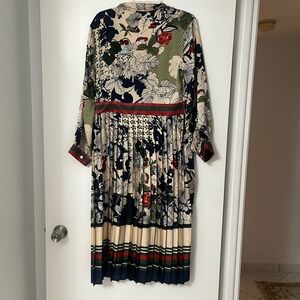 Floral Pleated Midi Dress in Cream and Navy